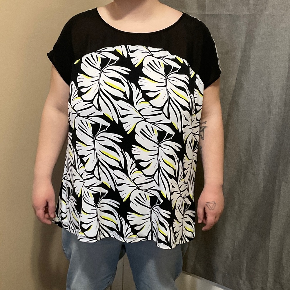 Ricki's Black Tropical Leaf Blouse with White & Yellow Print